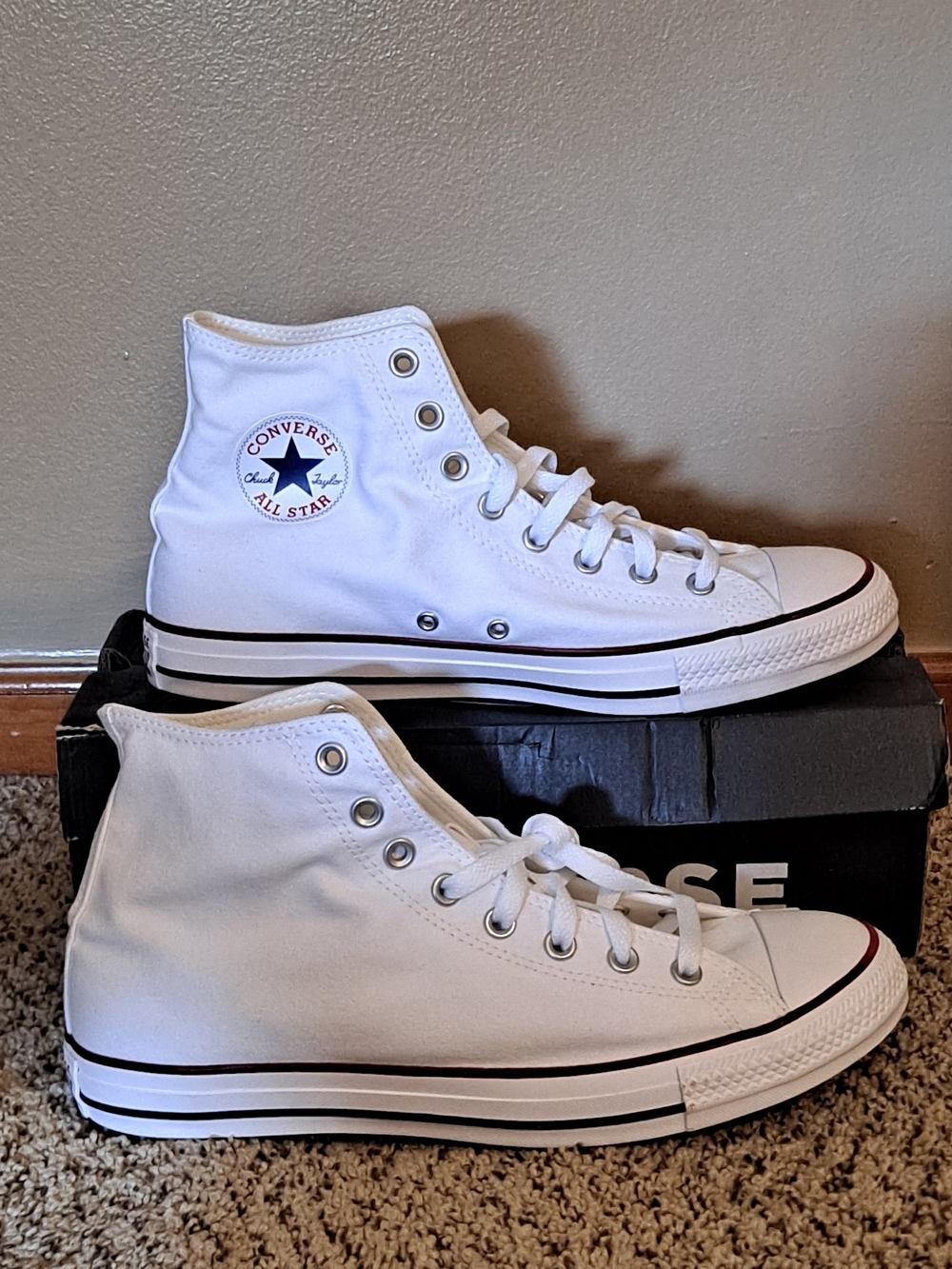 Converse High Top Sneakers - White with Black Trim & Red Accent Men 10 Women 12